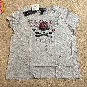 NWT Polly & Esther Gray Tee, "Lost without you", distressed/holes, size XL